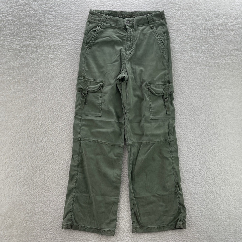 American Eagle Cargo Pants Women 2 Green Super High Rise Baggy Wide Leg Y2K